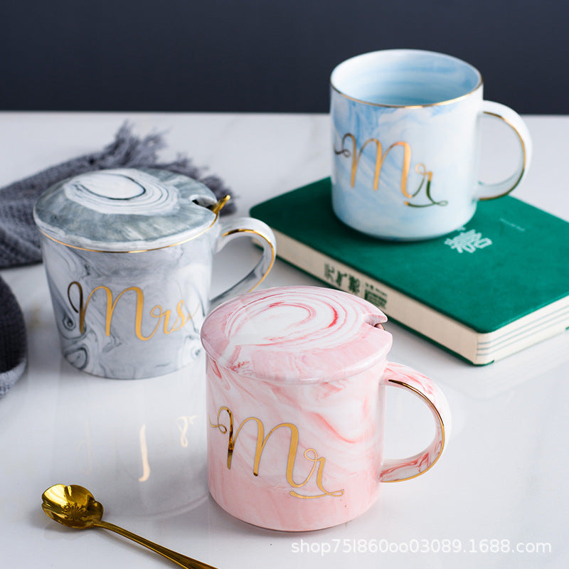Marble ceramic cup gift box set mug coffee cup couple creative with cover spoon water cup custom gift