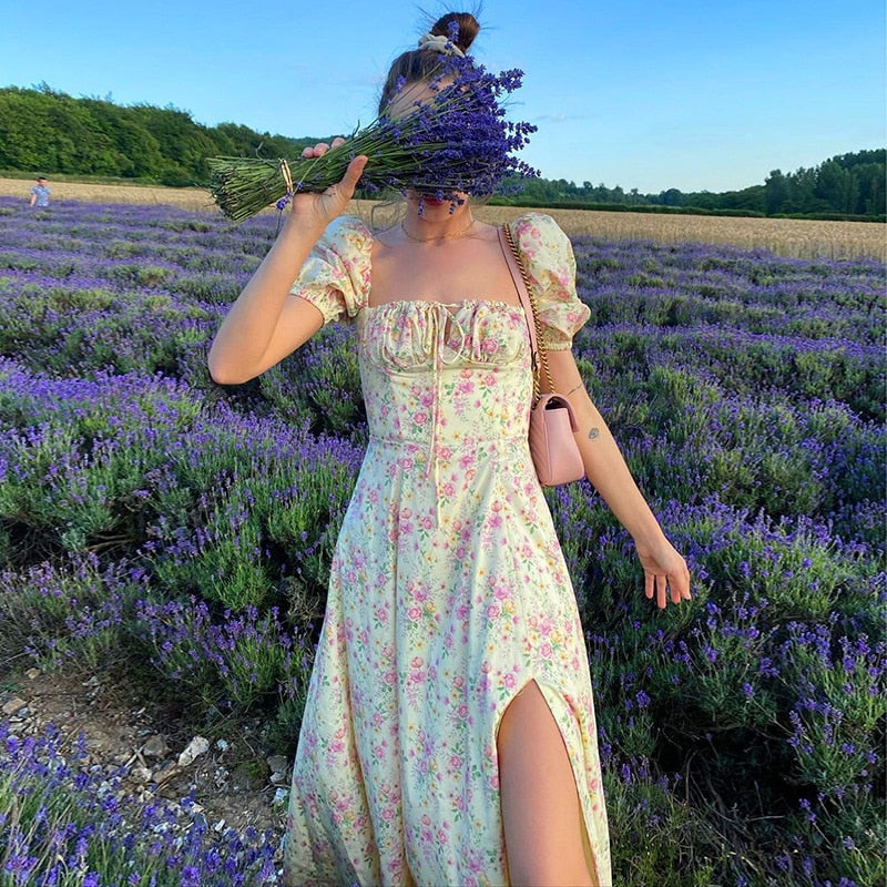 Summer Dress Women Short Puff Sleeve Floral Printed Ruched Party High Split Long Maxi Dresses Drawstring Sexy Vestidos Sundress