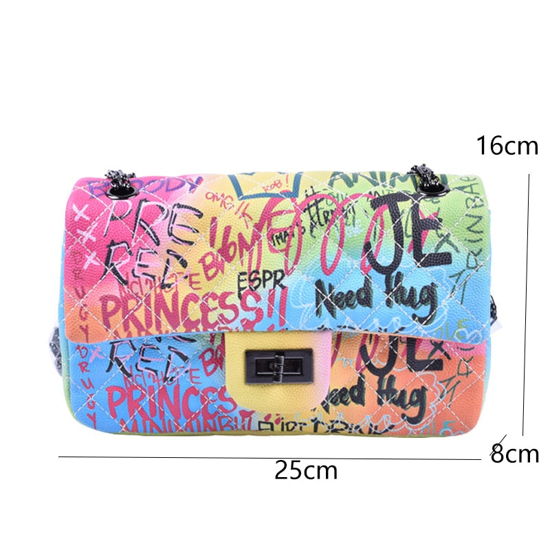 Large Capacity Women Pu Leather Chain Shoulder Bag High Quality Colorful Printed Ladies Handbags Luxury Designer Female Purse