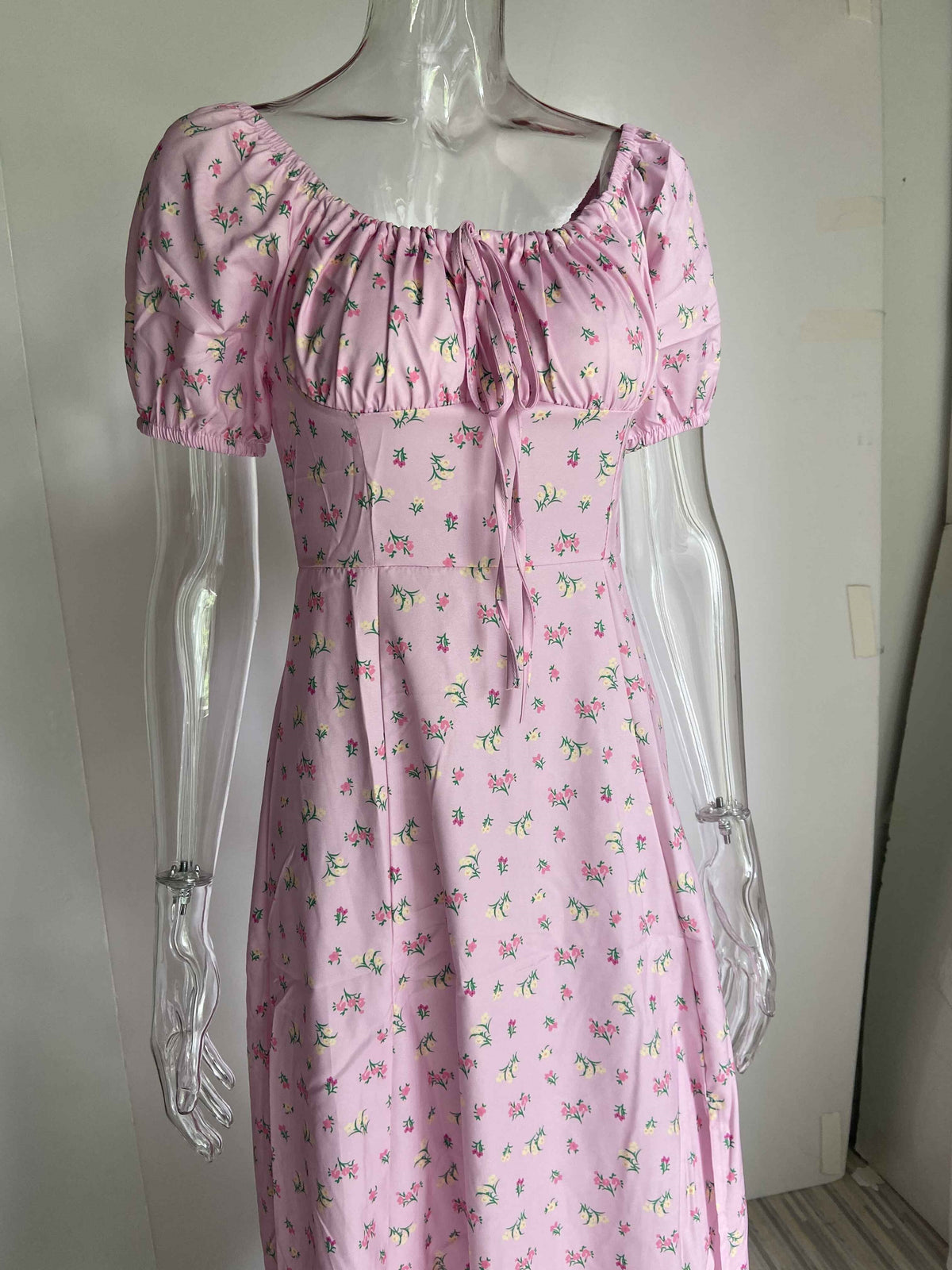 Summer Dress Women Short Puff Sleeve Floral Printed Ruched Party High Split Long Maxi Dresses Drawstring Sexy Vestidos Sundress