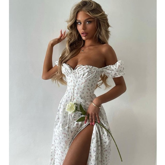 Summer Dress Women Short Puff Sleeve Floral Printed Ruched Party High Split Long Maxi Dresses Drawstring Sexy Vestidos Sundress