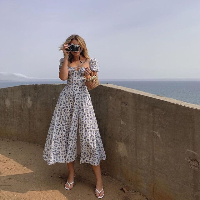 Summer Dress Women Short Puff Sleeve Floral Printed Ruched Party High Split Long Maxi Dresses Drawstring Sexy Vestidos Sundress