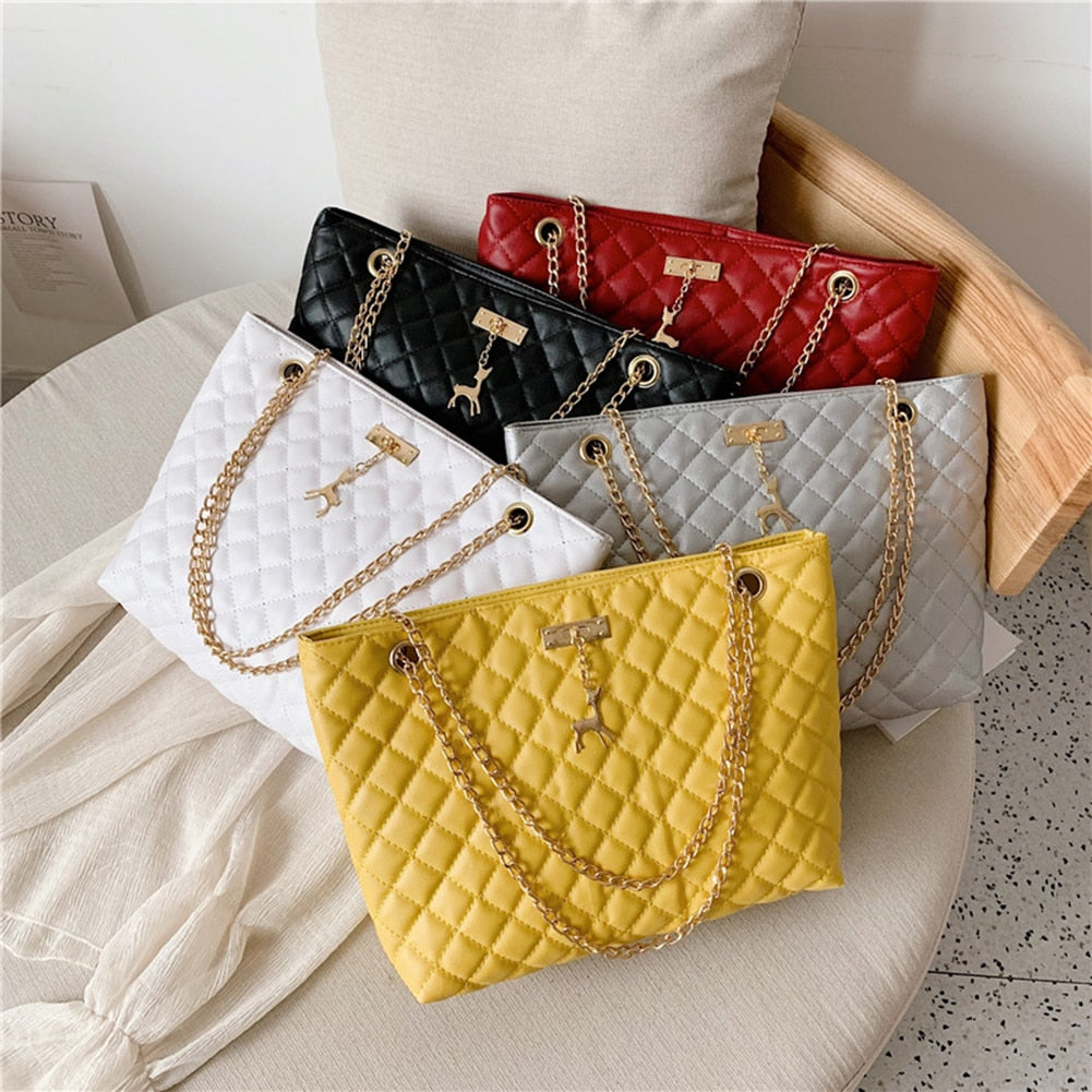 Women PU Leather Chain Handbag Women Soild Color Large Top-handle Bags Female Designer Luxury Tote Women Fashion Shoulder Bags
