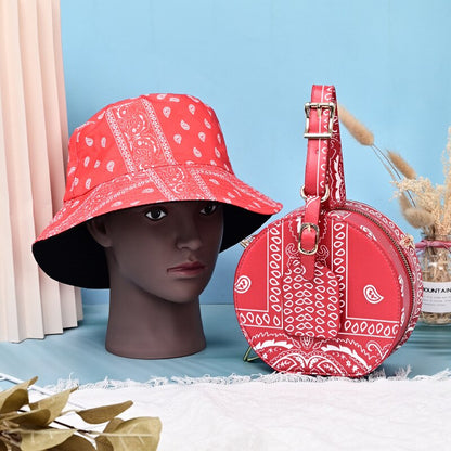 2022 Summer Shopping Lady Crossbody Cashew Flower Purse And Handbags Women Fashion PU Small Round Bandana Bag With Bucket Hat