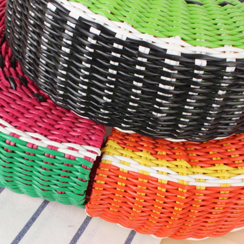 Colorful fruit handbag in cute semi-circular shape. Handmade PVC woven beach straw bag