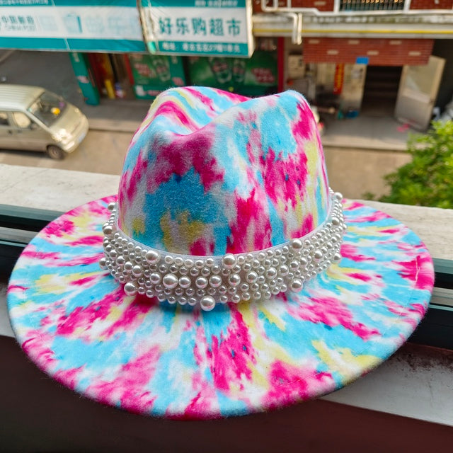 Tie-dye fedora hat wholesale autumn and winter graffiti letters monochrome hat unisex hand-painted felt winter hat шляпа женская