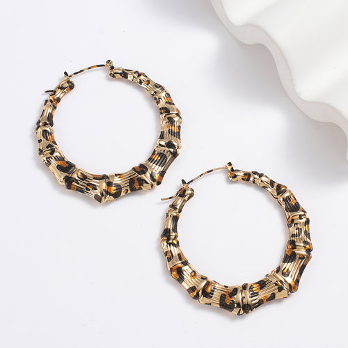 AENSOA 2022 New Punk Leopard Gold Color Round Bamboo Hoop Earrings for Women Bohemia Metal Ring Circle Earrings Popular Jewelry