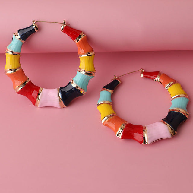 8CM Hiphop Big Rainbow Bamboo Hoop Earring Multi Color Enamel Geometric Circle Round Earrings For Women Accessory Party Jewelry