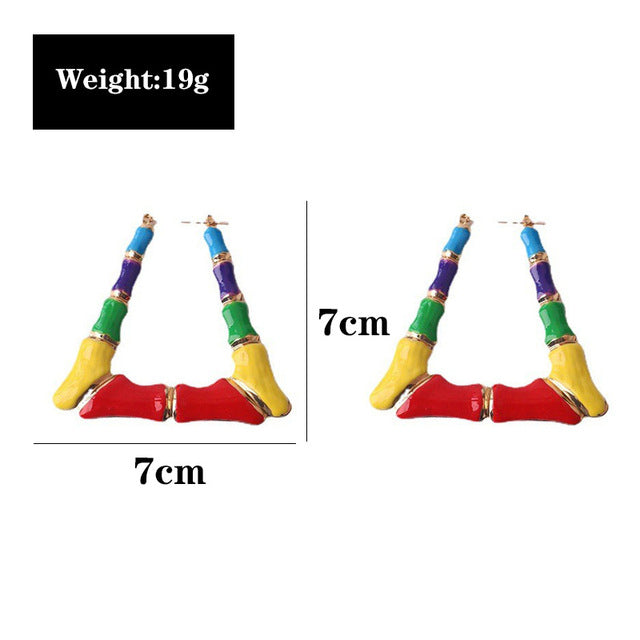 8CM Hiphop Big Rainbow Bamboo Hoop Earring Multi Color Enamel Geometric Circle Round Earrings For Women Accessory Party Jewelry