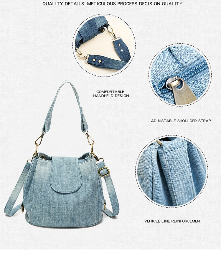 Casual Denim Bucket bag for women Shoulder Crossbody Bag Multiple pockets  ladies handbag Luxury design Female big Totes blue