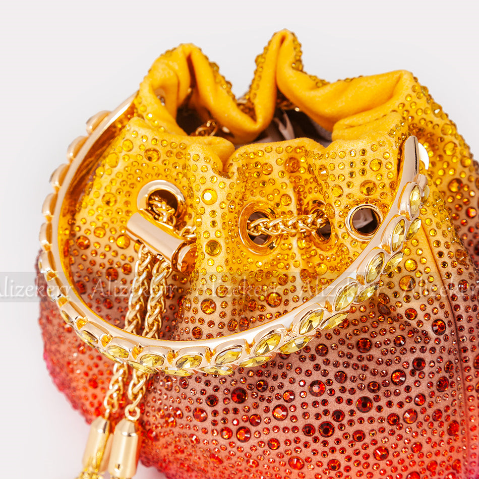 Color Diamond Tassel Bucket Handbags Women 2022 New Luxury Designer Round Metal Handle Crystal Clutch Purse Bridal Wedding Party