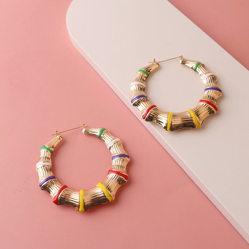 8CM Hiphop Big Rainbow Bamboo Hoop Earring Multi Color Enamel Geometric Circle Round Earrings For Women Accessory Party Jewelry