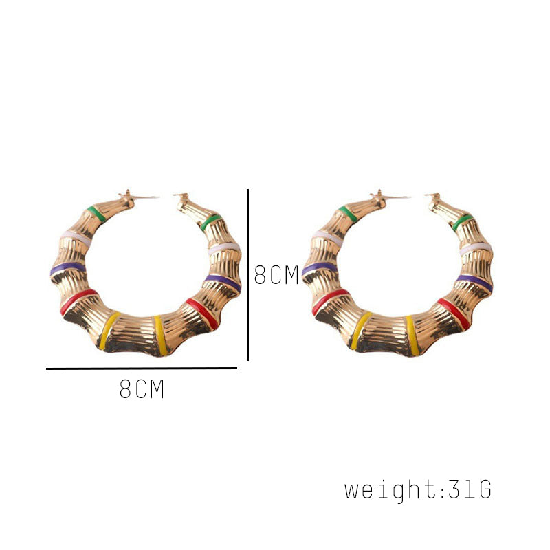 8CM Hiphop Big Rainbow Bamboo Hoop Earring Multi Color Enamel Geometric Circle Round Earrings For Women Accessory Party Jewelry