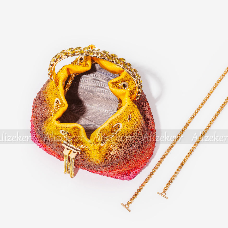 Color Diamond Tassel Bucket Handbags Women 2022 New Luxury Designer Round Metal Handle Crystal Clutch Purse Bridal Wedding Party